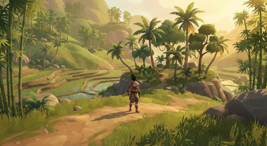 Character on a dirt trail with palm trees and terraced fields at golden hour