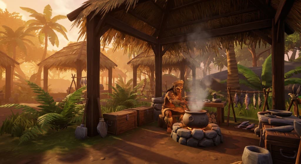 Tribal character cooking fish under a thatched shelter at golden hour
