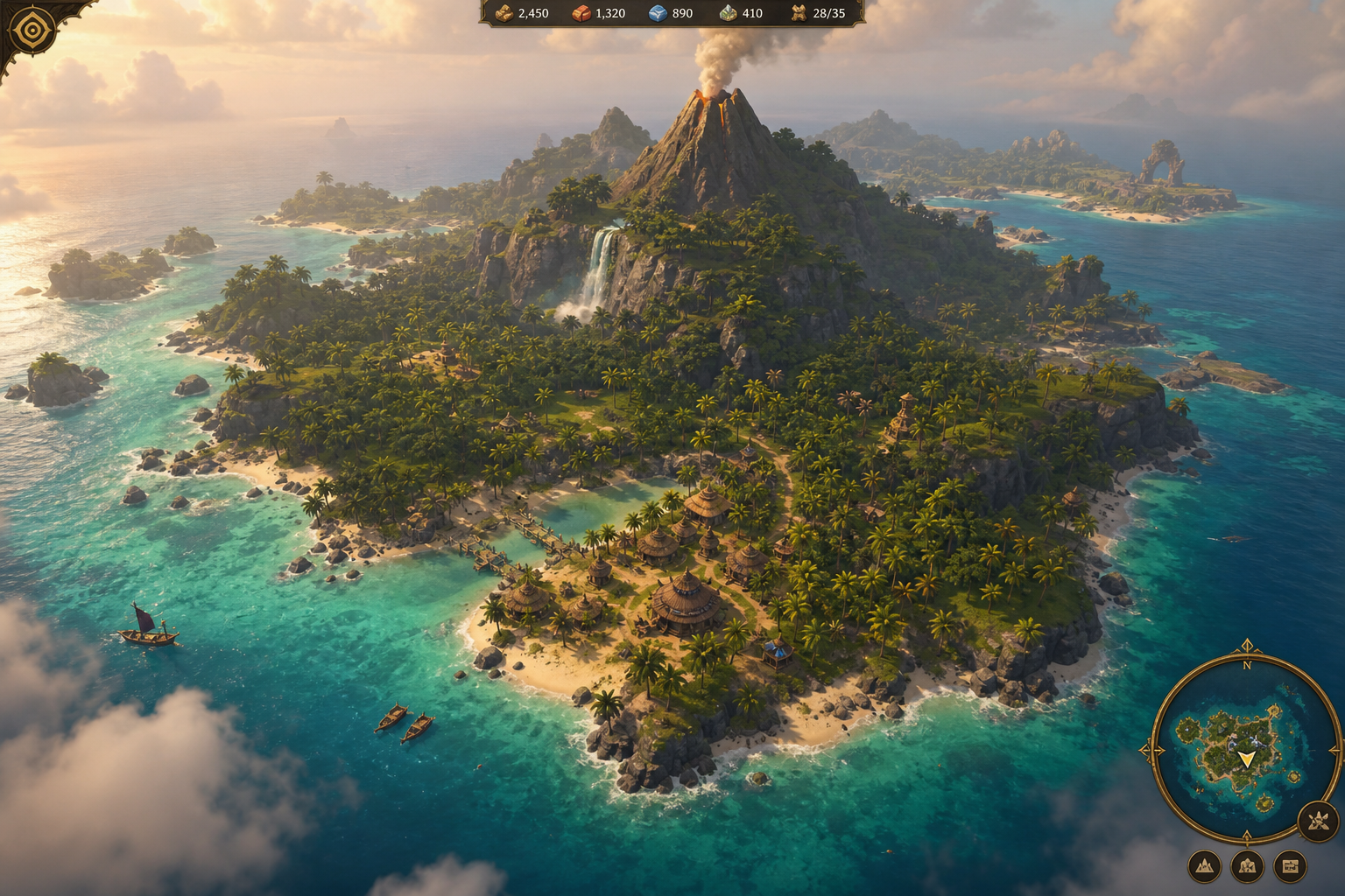 Isleborn volcanic island with village, waterfalls, and turquoise ocean